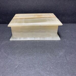 Vintage Alabaster‎ Trinket Box Rectangle Cream Beige Stone Lidded Jewelry